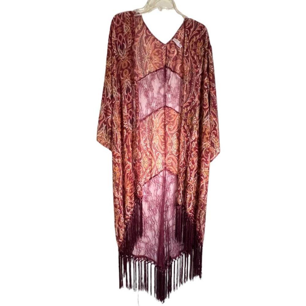 Xhilaration Kimono, Exotic Print Delicate Mat'l. Lace Panels & Long Fringe, XS/S